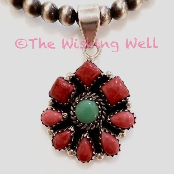 Thulite & Kingman Green Turquoise Cluster Pendant 925 Sterling 1.75”
